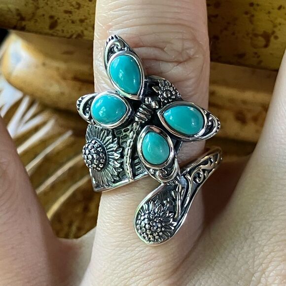 Sierra Nevada Turquoise Sterling Silver Butterfly Sunflower Ring Size 7 - Picture 1 of 9